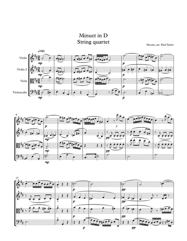 Minuet in D  for String quartet (k.355-576b) (arr. Paul Taylor)