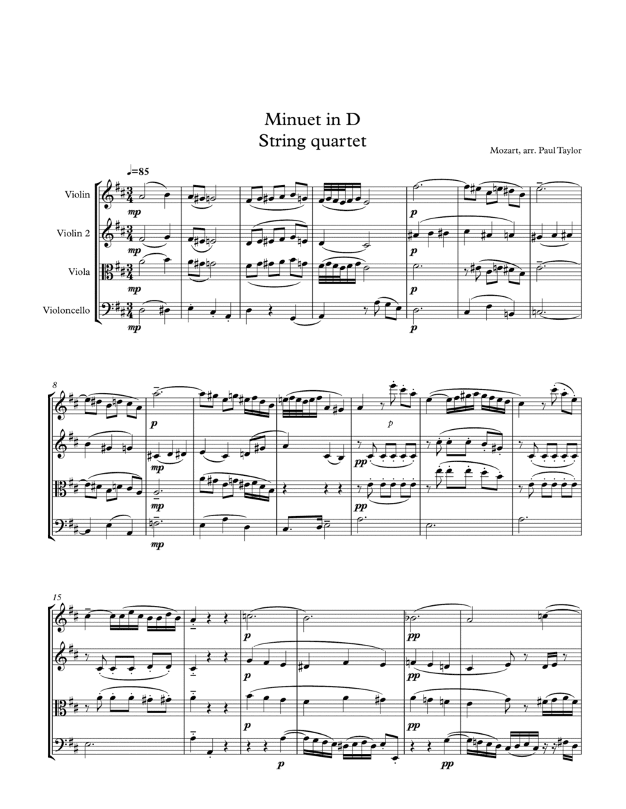 Minuet in D  for String quartet (k.355-576b) (arr. Paul Taylor)