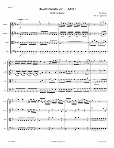 Mozart: Divertimento K 136 for String Quartet, Movement 1 (arr. D Oppenheim)