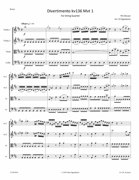 Mozart: Divertimento K 136 for String Quartet, Movement 1 (arr. D Oppenheim)