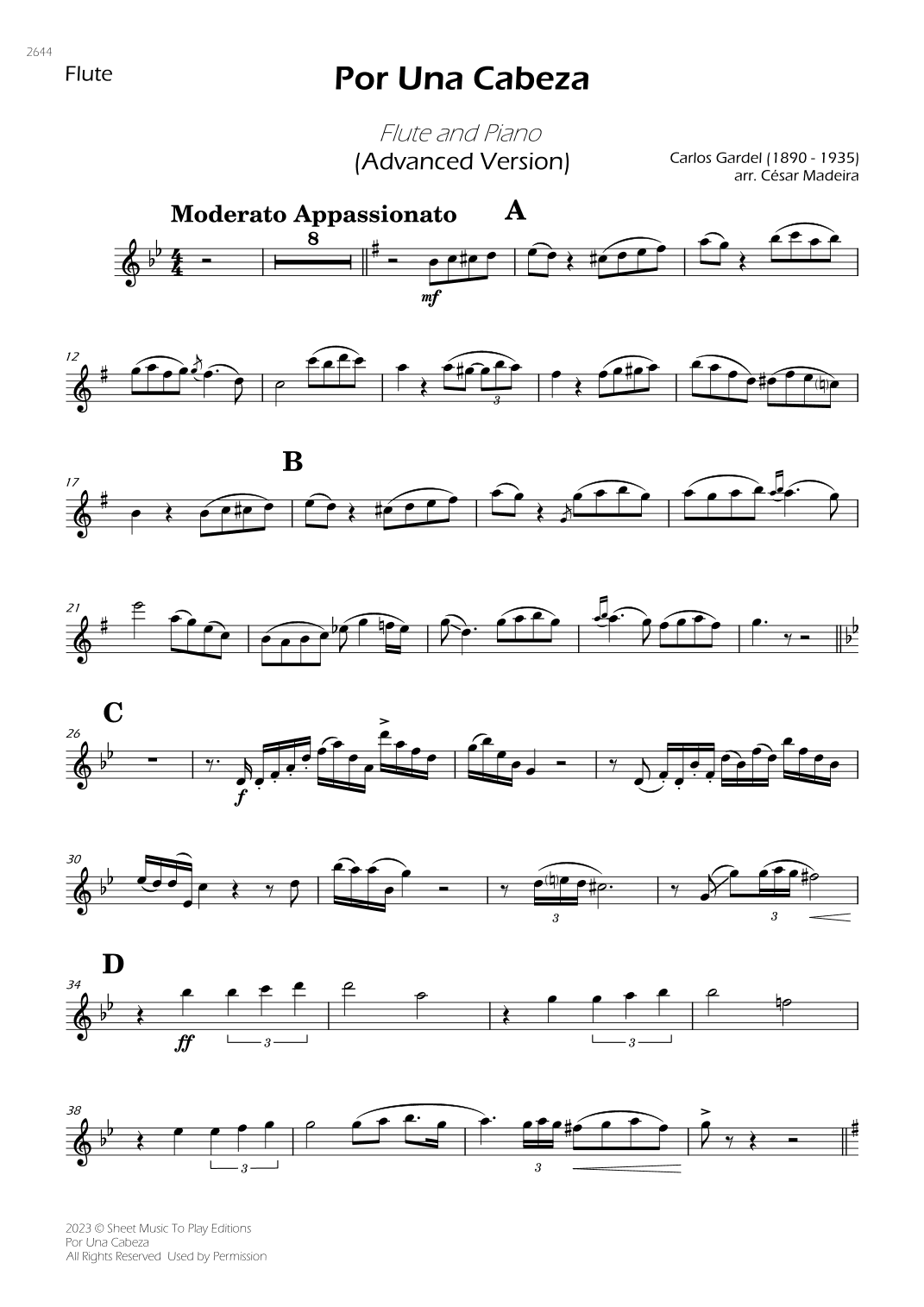 Por Una Cabeza - Flute and Piano - Advanced (Individual Parts) (arr. César Madeira)