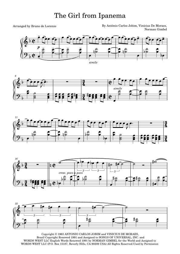 The Girl From Ipanema (garôta De Ipanema) (arr. Bruno de Lorenzo)