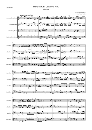 Brandenburg Concerto No. 3 in G major, BWV 1048 1st Mov. (J.S. Bach) for Saxophone Quartet (arr. Victor Drake)