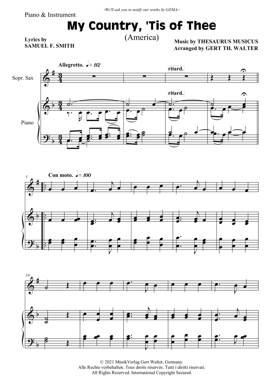 My Country, 'Tis Of Thee (America) (arr. Gert Th. Walter)