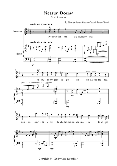 Nessun Dorma - Soprano & Piano (arr. Karen Gueiros)