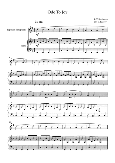 Ode To Joy, Ludwig Van Beethoven, For Soprano Saxophone & Piano (arr. Eugene Egorov)