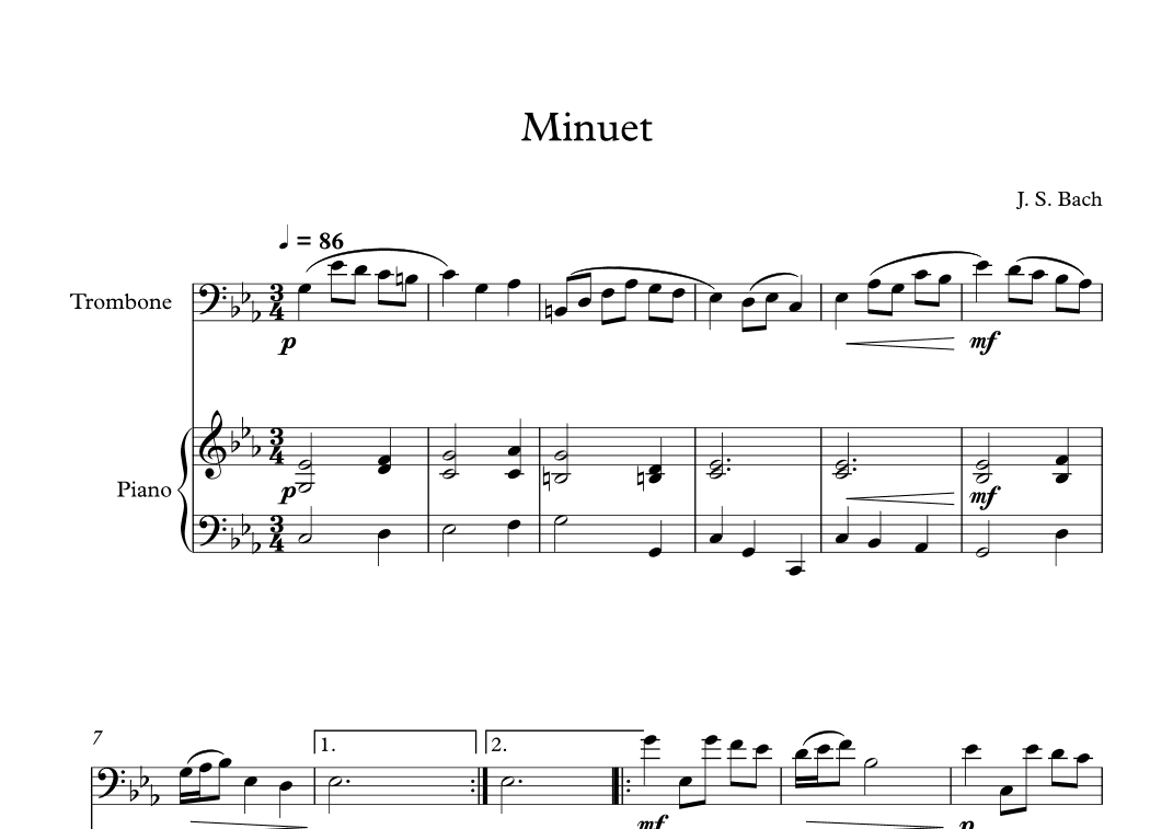 Minuet (In D Minor) - Johann Sebastian Bach (Trombone + Piano) (arr. Digital Book Music)