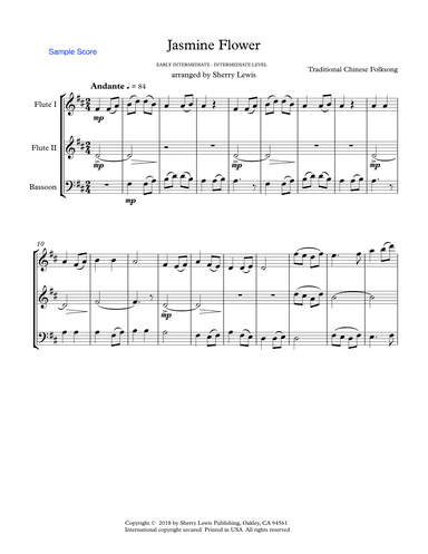 JASMINE FLOWER - Traditional Chinese Folk Song, Woodwind Trio, Intermediate Level for flute, clarine (arr. Sherry Lewis Publishing)