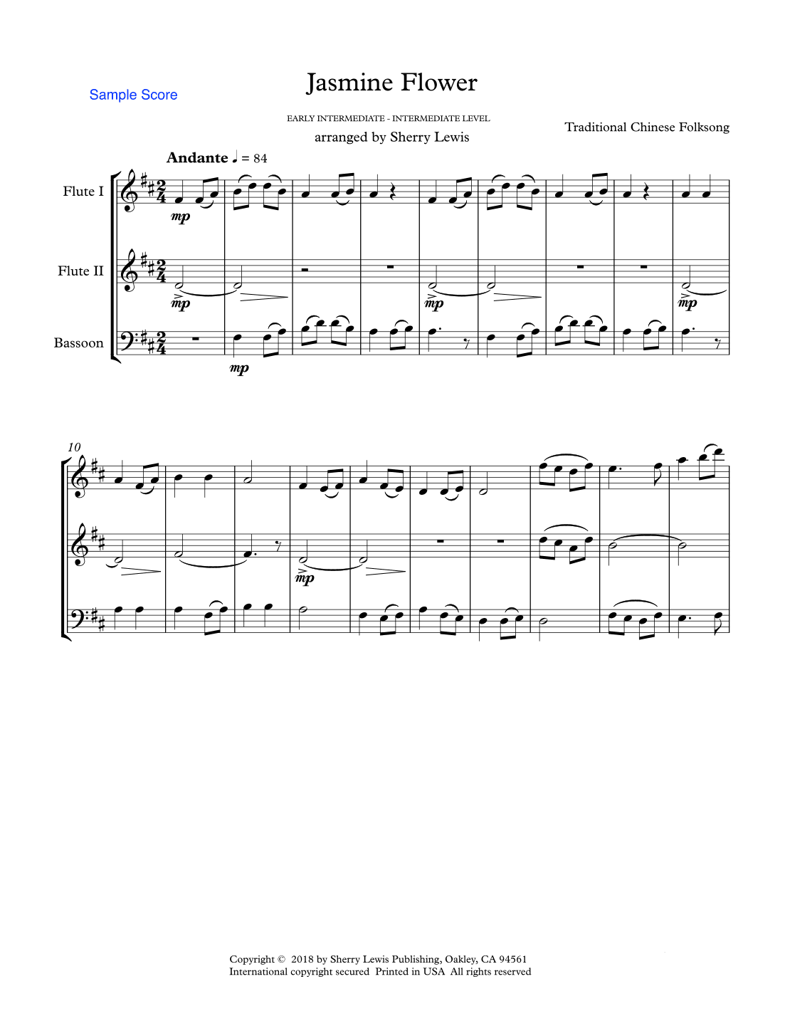 JASMINE FLOWER - Traditional Chinese Folk Song, Woodwind Trio, Intermediate Level for flute, clarine (arr. Sherry Lewis Publishing)
