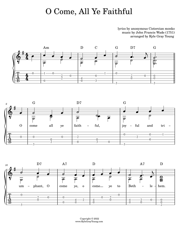 O Come, All Ye Faithful (easy fingerstyle guitar tablature) (arr. Kyle Gray Young)