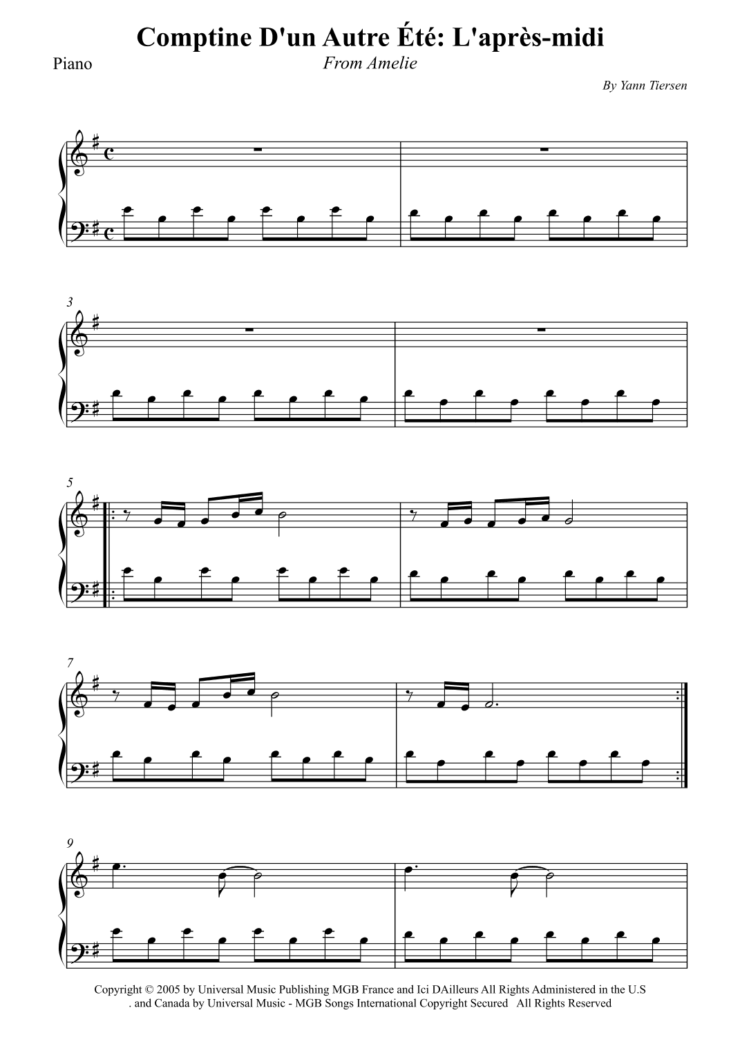 Comptine D'un Autre Été: L'après-midi (arr. Wesley S. SIlva)
