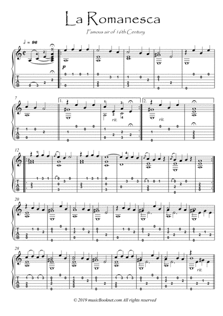 La Romanesca 16th century guitar solo (arr. PianoSheetNow)