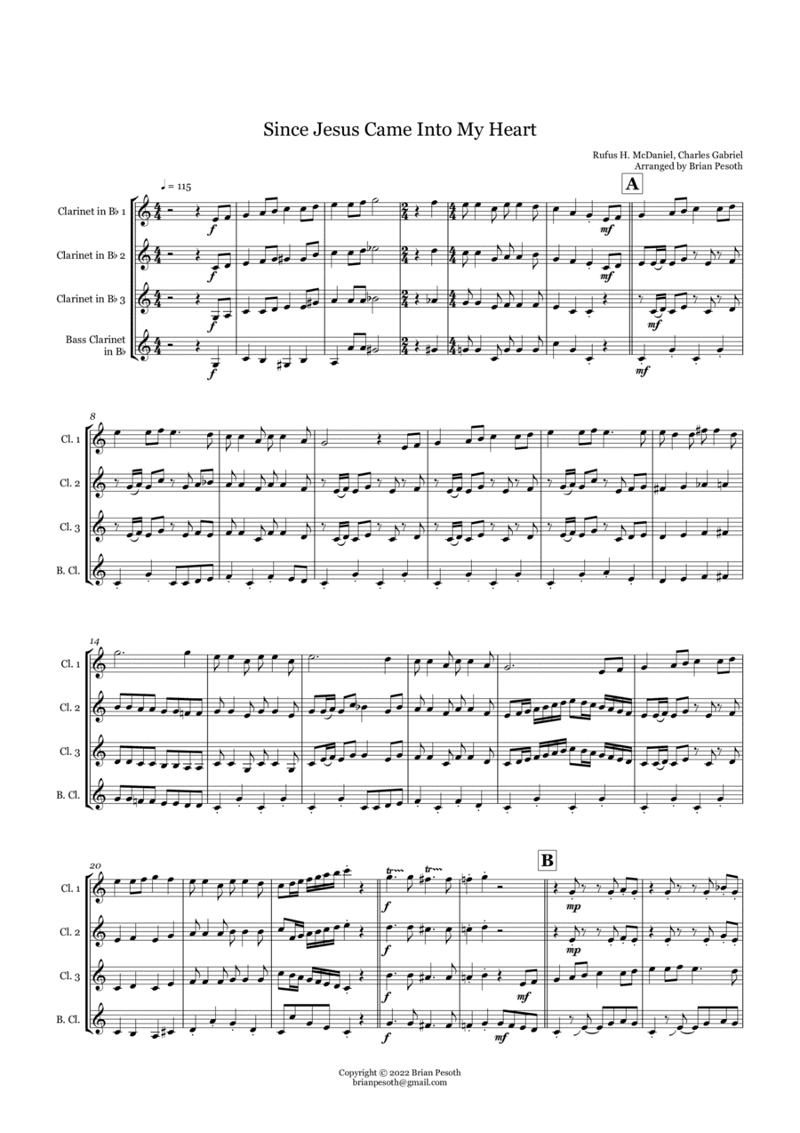 Since Jesus Come Into My Heart - for Clarinet Quartet (arr. Brian Pesoth)