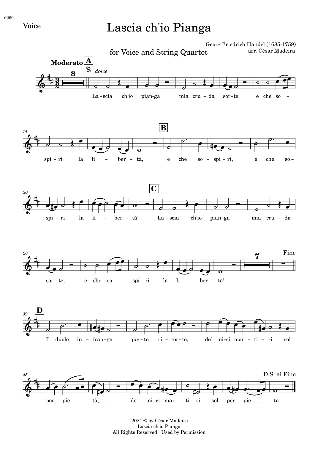 Lascia Ch'io Pianga - Voice and String Quartet - D Major (Individual Parts) (arr. César Madeira)