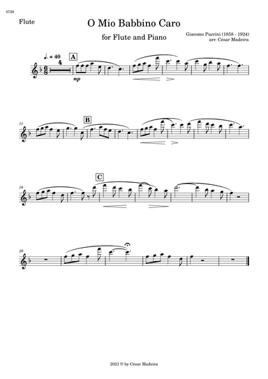 O Mio Babbino Caro by Puccini - Flute and Piano (Individual Parts) (arr. César Madeira)