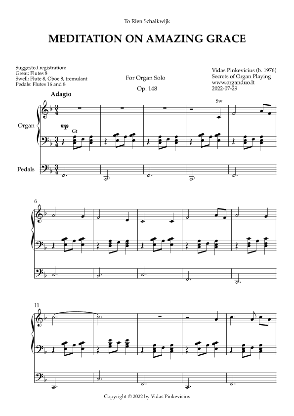 Meditation on Amazing Grace, Op. 148 (Organ Solo) by Vidas Pinkevicius (2022)
