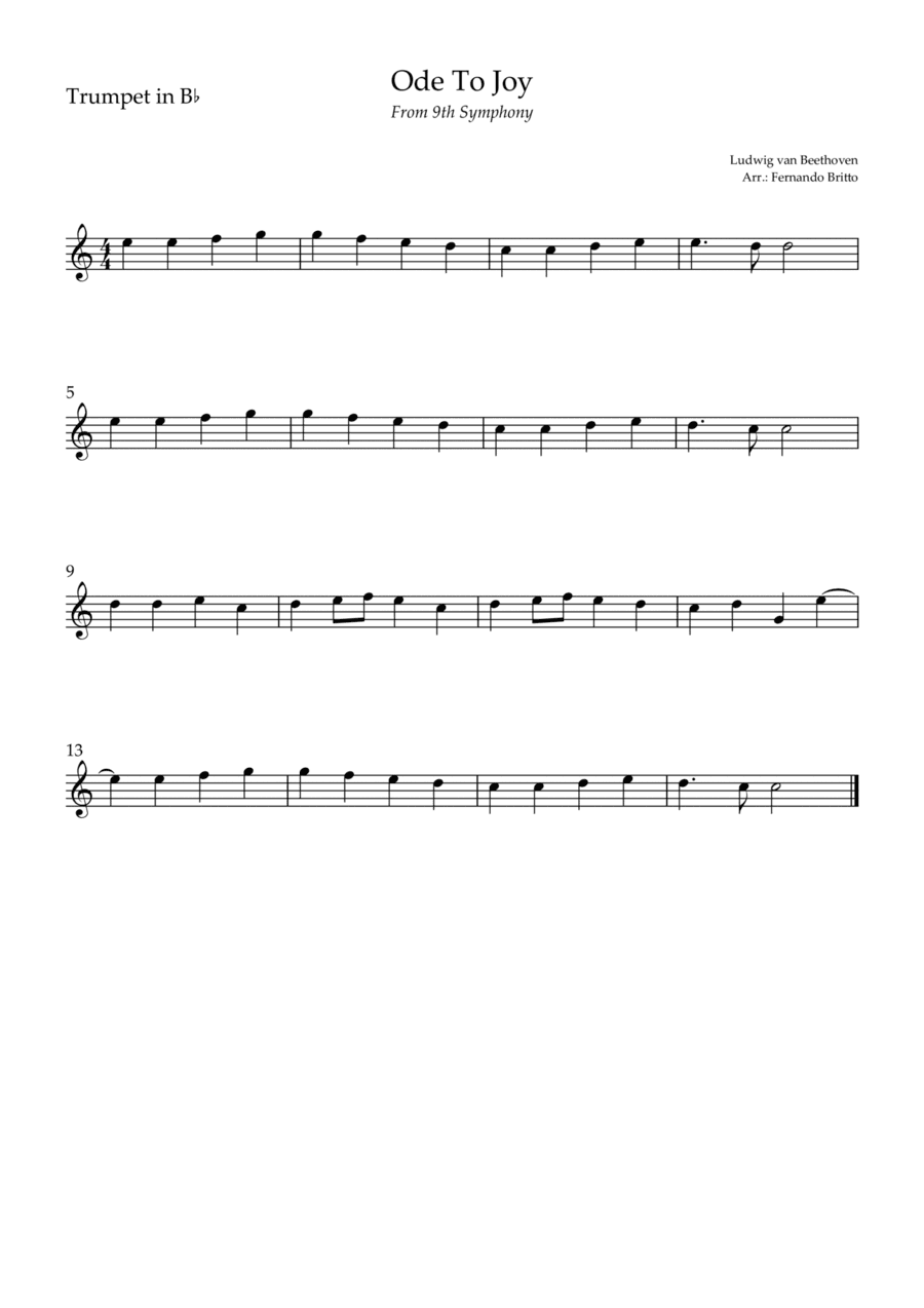 Ode To Joy (from Beethoven's 9th Symphony) for Trumpet in Bb Solo (arr. Fernando Britto)