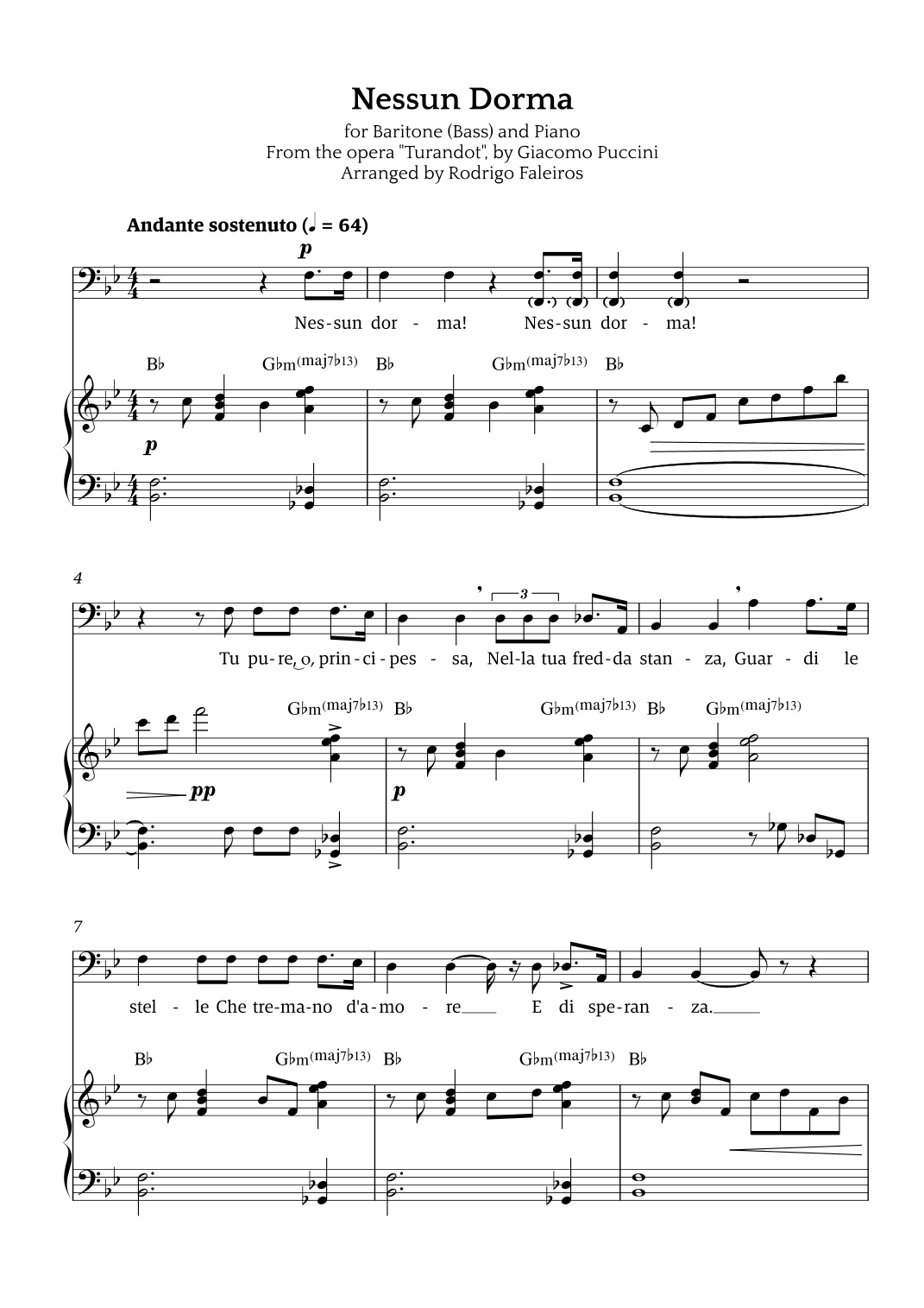 Nessun Dorma (for baritone or bass and piano) (arr. Rodrigo Faleiros)