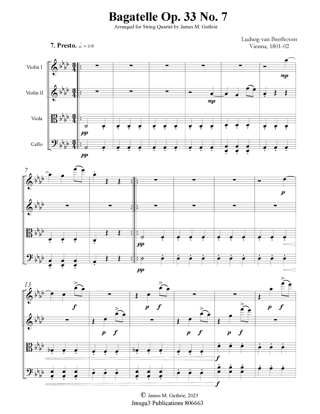 Beethoven: Bagatelle Op. 33 No. 7 for String Quartet (arr. James M. Guthrie, ASCAP)