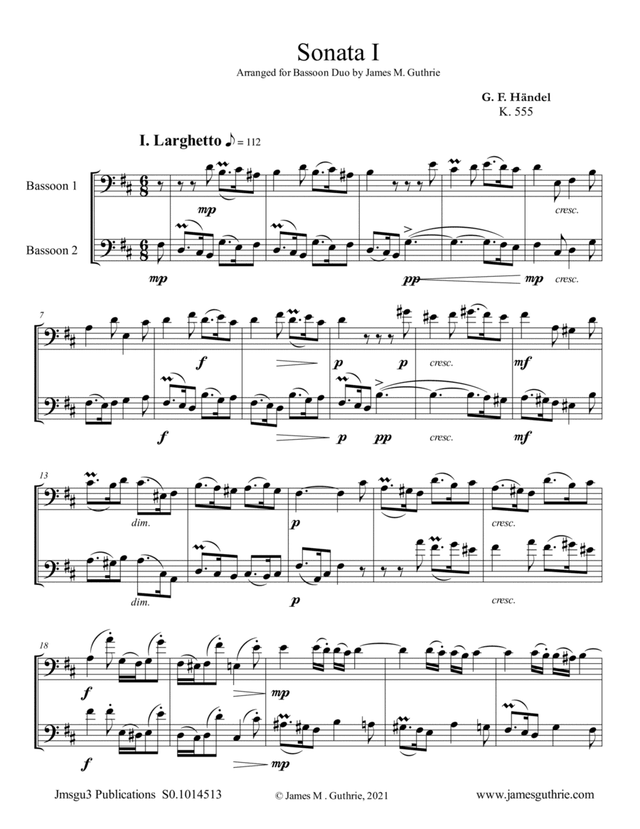 Handel: Six Sonatas Complete for Bassoon Duo (arr. James M. Guthrie)