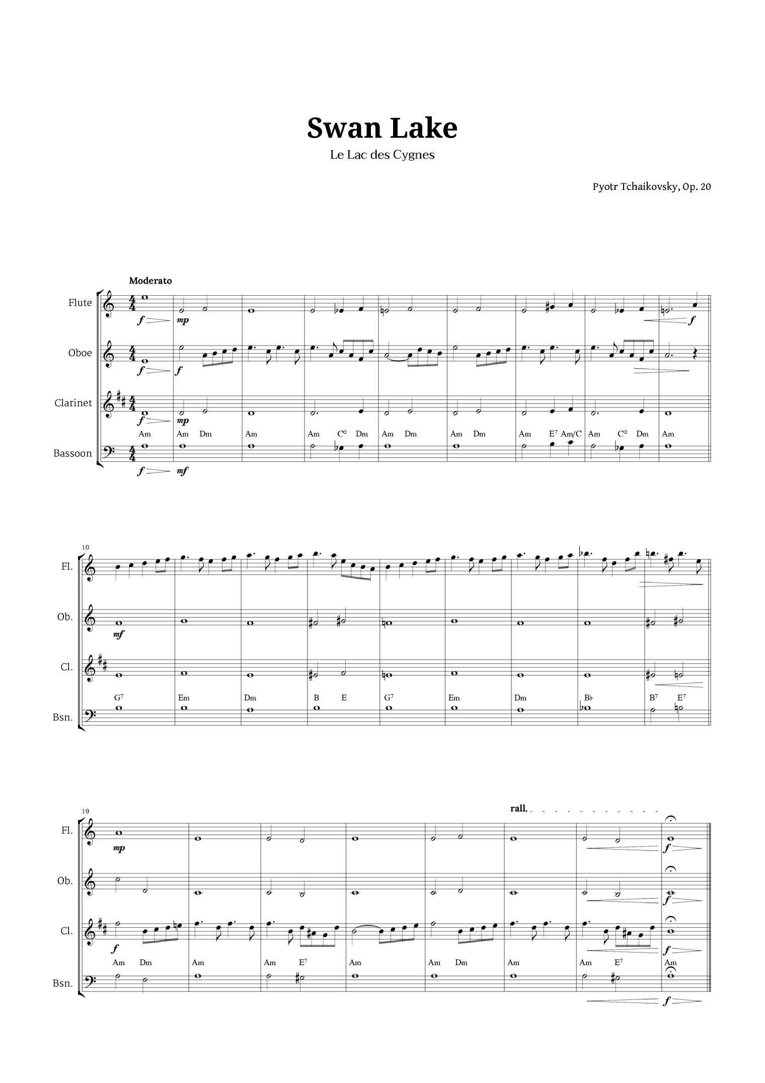 Swan Lake by Tchaikovsky for Woodwind Quartet (arr. Langanho)