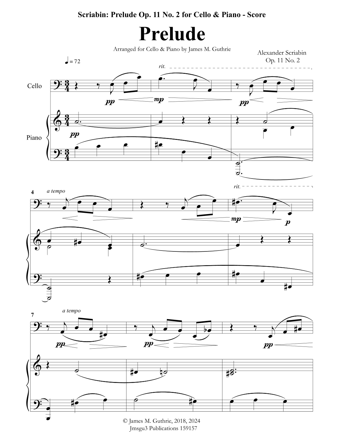 Scriabin: Prelude Op. 11 No. 2 for Cello & Piano (arr. James M. Guthrie)