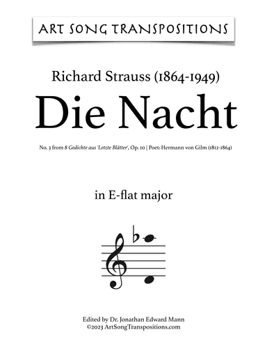 STRAUSS: Die Nacht, Op. 10 no. 3 (transposed to E-flat major, D major, and D-flat major) (arr. ArtSongTranspositions.com)