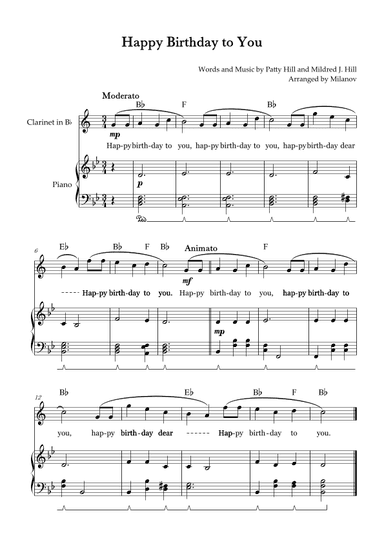 Happy Birthday to You | Clarinet in Bb | B-flat Major | Piano accompaniment | Pedal | Chords | Lyric (arr. Milanov)