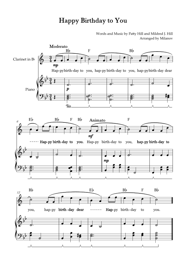Happy Birthday to You | Clarinet in Bb | B-flat Major | Piano accompaniment | Pedal | Chords | Lyric (arr. Milanov)