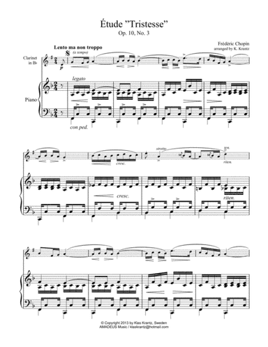 Étude (Study) "Tristesse" Op 10 No. 3 (abridged) for clarinet and piano (arr. Amadeus Music)