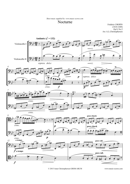 Chopin Nocturne: Op.09, No.2 - 2 Cellos (Bb) (arr. Anne Christopherson GRSM ARCM)
