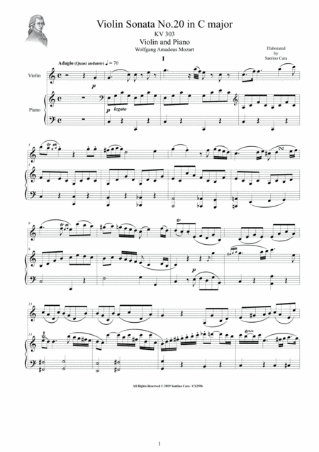 Mozart - Violin Sonata No.20 in C major K 303 for Violin and Piano - Score and Part (arr. Santino Cara)