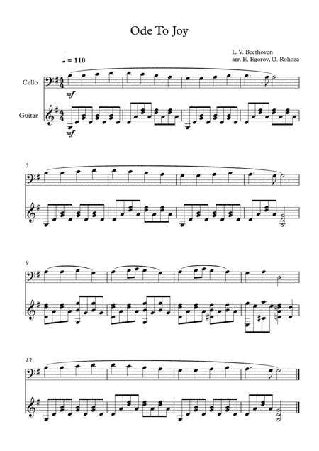 Ode To Joy, Ludwig Van Beethoven, For Cello & Guitar
