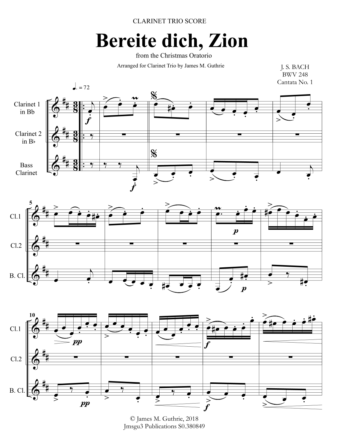 Bach: Christmas Trio for 2 Clarinets & Bass Clarinet (arr. James M. Guthrie, ASCAP)