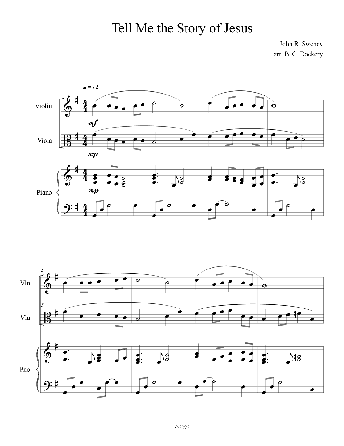 Tell Me the Story of Jesus (Violin and Viola Duet with Piano Accompaniment) (arr. B. C. Dockery)
