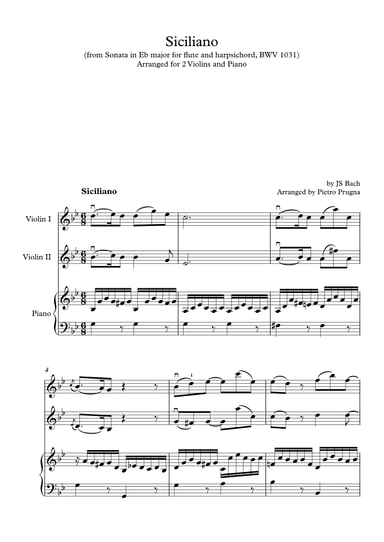 Siciliano (Sonata in Eb major) BWV 1031 - arr 2 violins & piano (Part of "I'll Second This" Series) (arr. Pietro Prugna)