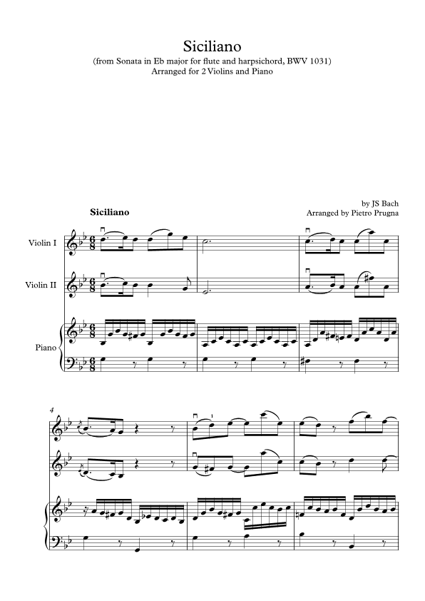 Siciliano (Sonata in Eb major) BWV 1031 - arr 2 violins & piano (Part of "I'll Second This" Series) (arr. Pietro Prugna)