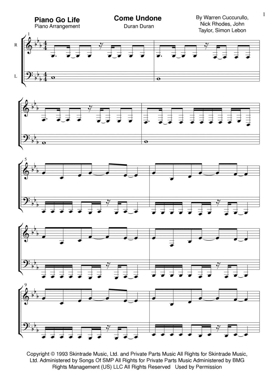Come Undone (arr. Piano Go Life)