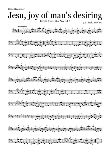 JESU, JOY OF MAN'S DESIRING by Bach - easy version for Bass Recorder and piano with chords (arr. Leyandder Trustworthy)