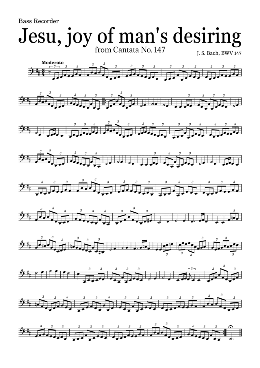 JESU, JOY OF MAN'S DESIRING by Bach - easy version for Bass Recorder and piano with chords (arr. Leyandder Trustworthy)