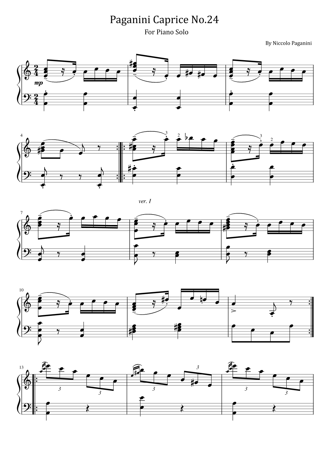 Paganini Caprice No.24 - Variations For Piano Solo With Fingered (arr. poon)