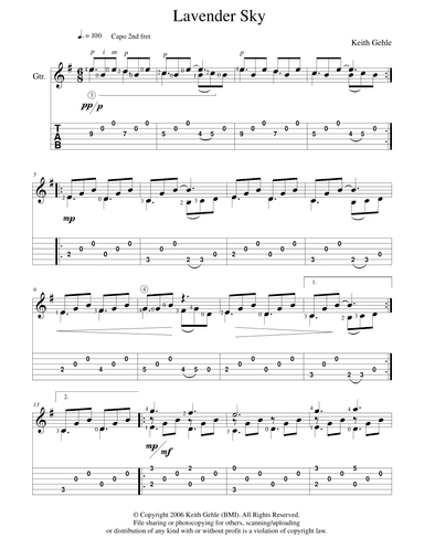 "Lavender Sky" for solo classical fingerstyle guitar (+ TAB)