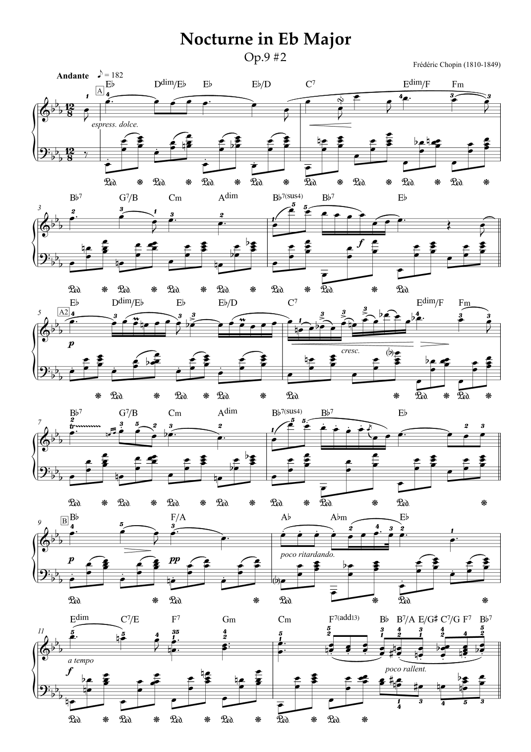 Noctune in Eb Major Op.9 No.2 - Frederic Chopin (Piano score with Jazz Chords) (arr. Popnroll 1976)