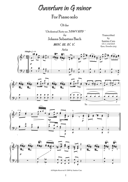 Suite (Ouverture) no.5 BWV 1070 for piano(3,4,5) - Aria,menuetto,trio (arr. Santino Cara)