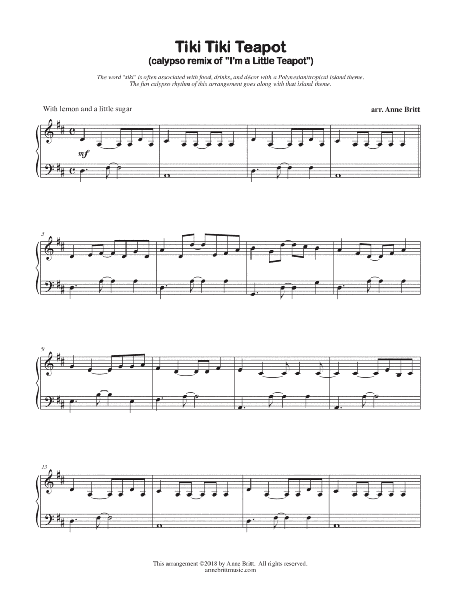 Tiki Tiki Teapot (calypso remix of "I'm a Little Teapot") - early intermediate version (arr. Anne Britt)