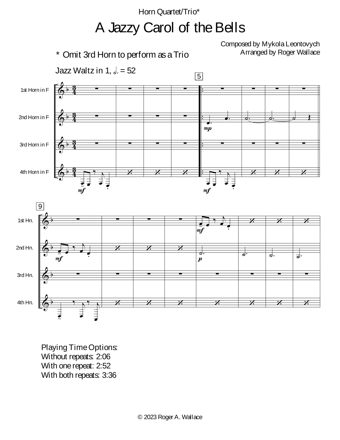 Carol of the Bells (Jazz Waltz for Horn Trio) (arr. Roger Wallace)