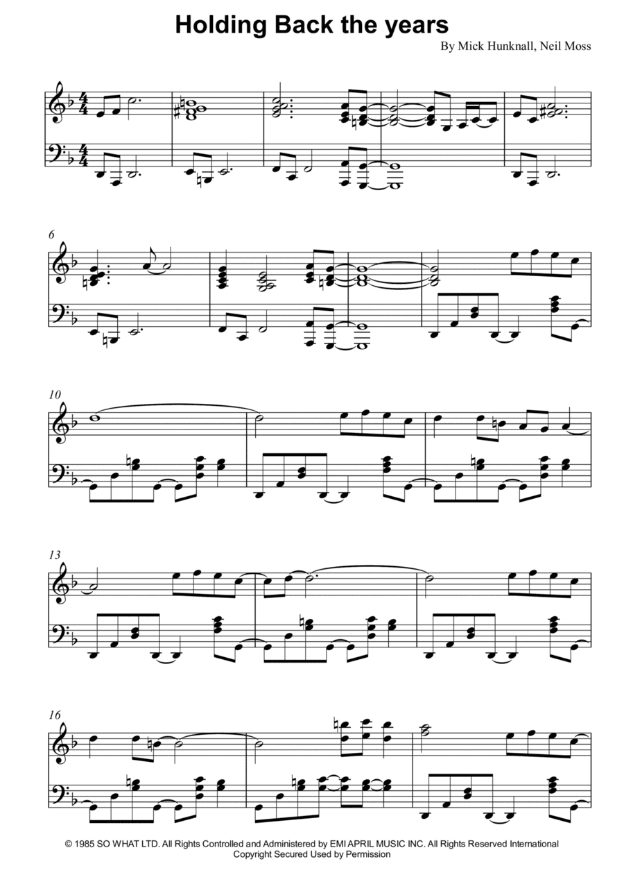Holding Back The Years (arr. Piano Go Life)