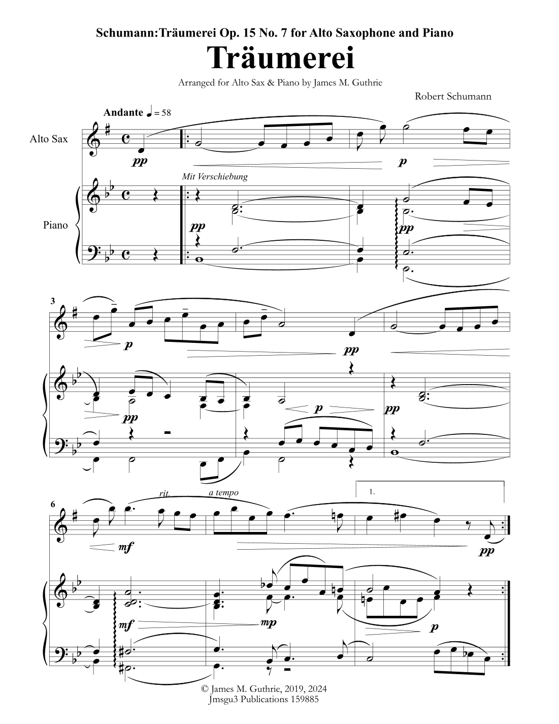 Schumann: Träumerei Op. 15 No. 7 for Alto Sax & Piano (arr. James M. Guthrie)