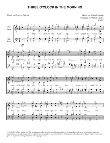 THREE O'CLOCK IN THE MORNING (arr. Walter Latzko)