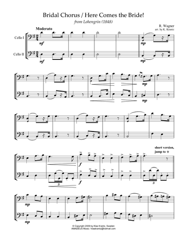 Bridal Chorus / Here Comes the Bride! for cello duo (G Major) (arr. Klas Krantz)
